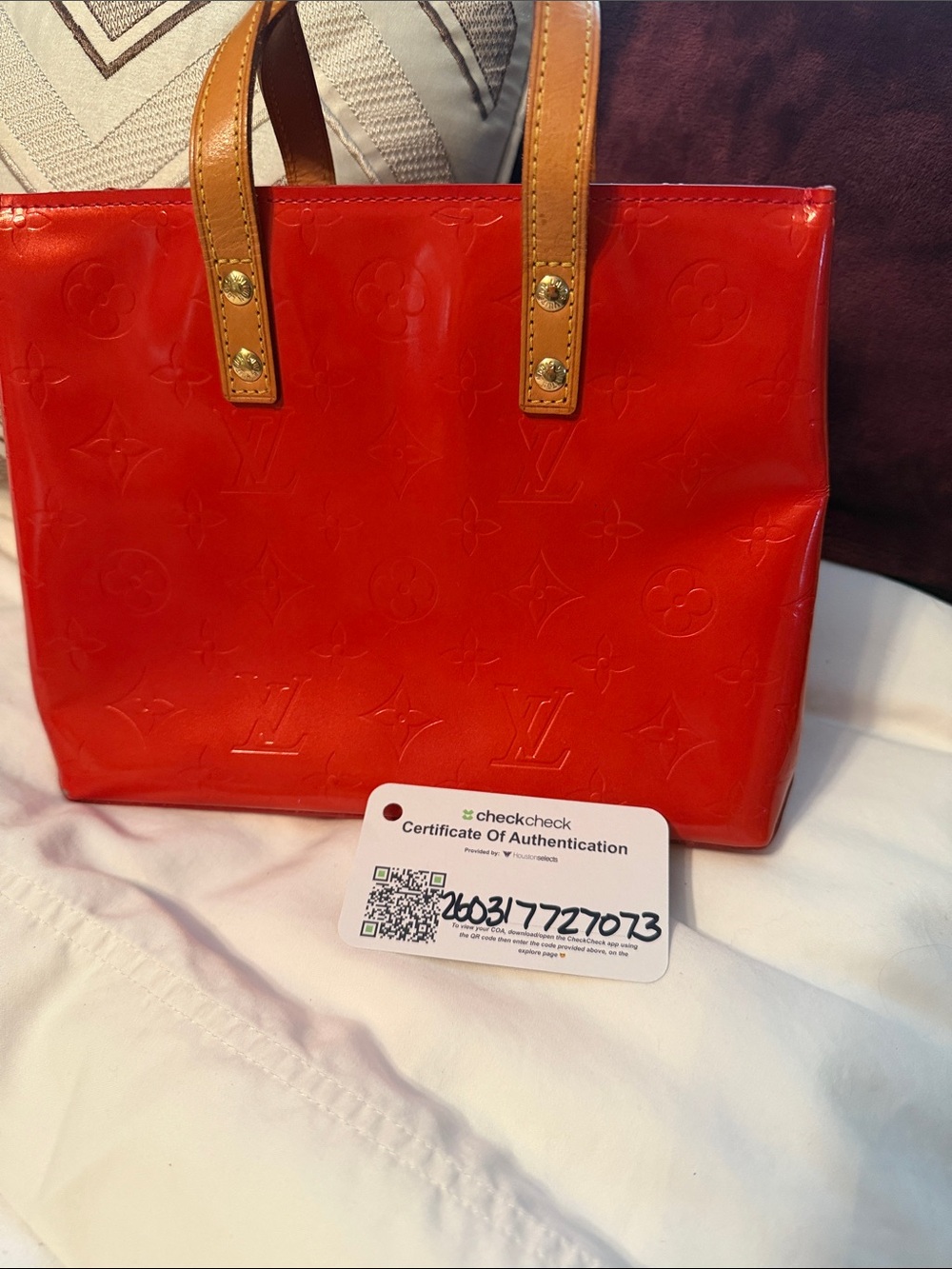 Louis Vuitton Reade PM Red Vernis Monogram Patent Leather Tote with Tan Handles